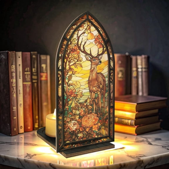Fantasy Stained Glass Book Nook with Candle, Deer Library Decor, Cozy Glowing Book End, Fantasy Book Lover Gift, Book Nook Light