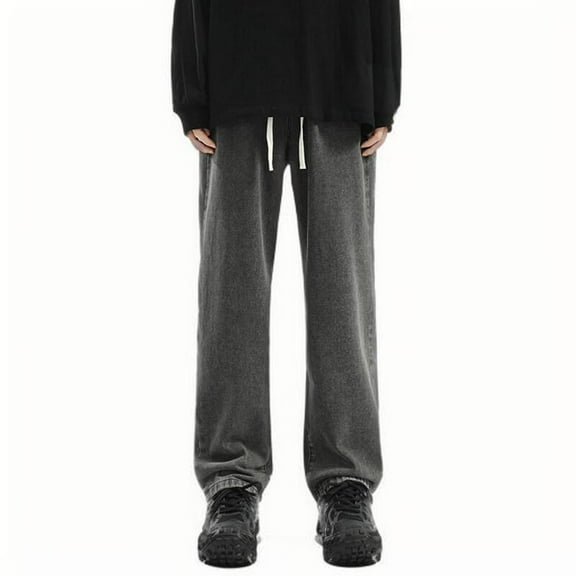 Miqool Mens Baggy Pull-on Jeans Elastic Waist Casual Loose Wide Leg Denim Pants Work Office Streetwear(Black, S)