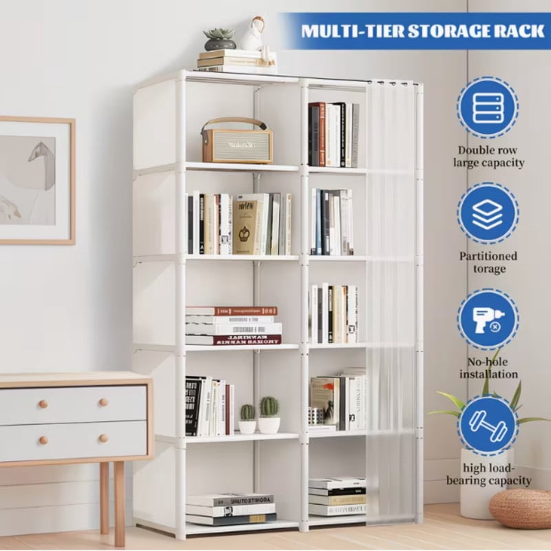 10-Cube Portable Storage Organizer, 6-Tier Wardrobe with Dust-Proof Cover, Heavy Duty Garment Shelf Bookcase Portable Closet
