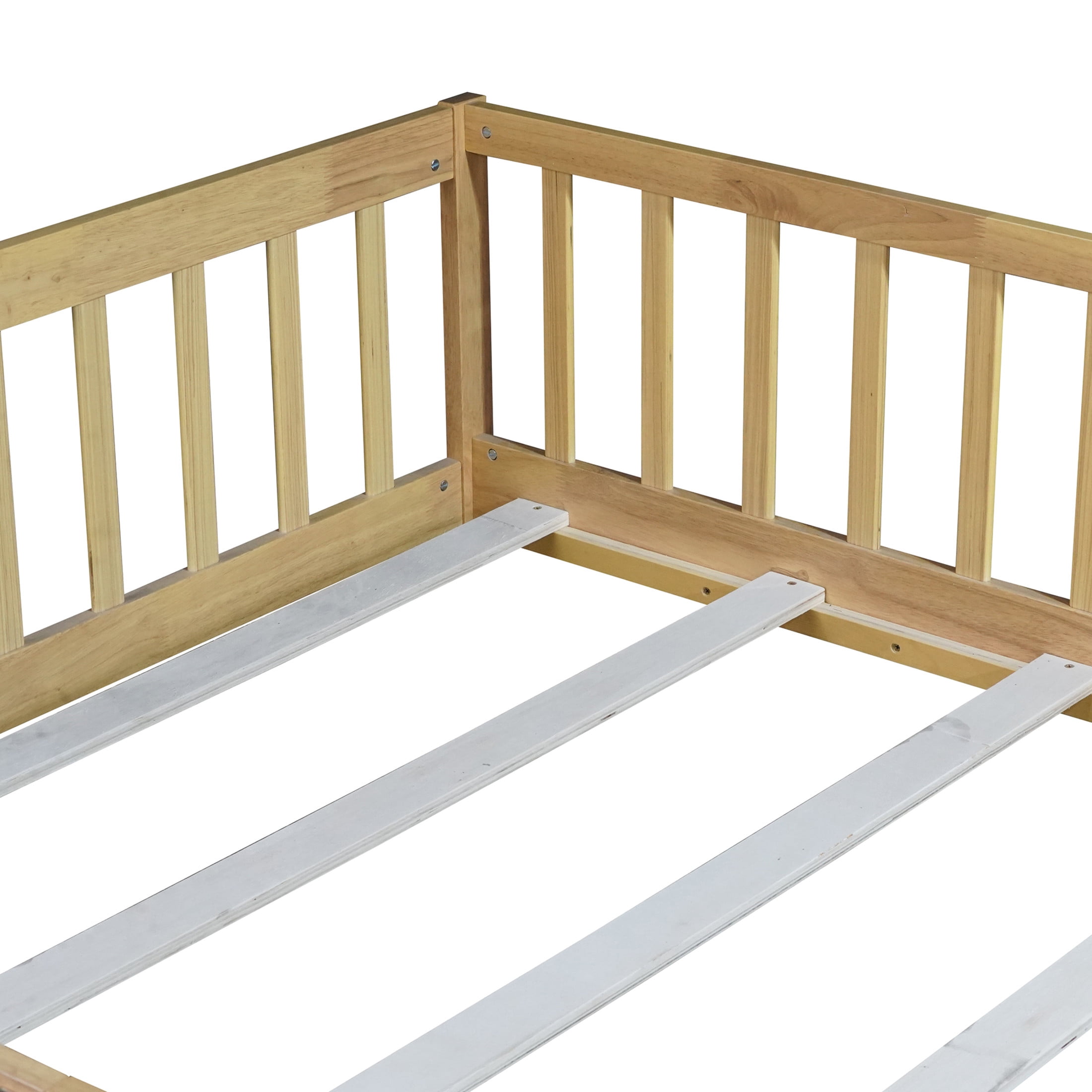 Noble House Mira Full Floor Bed with Fence and Door, Sturdy Rubber Wood Montessori Bed Frame, Kid's Room, Natural