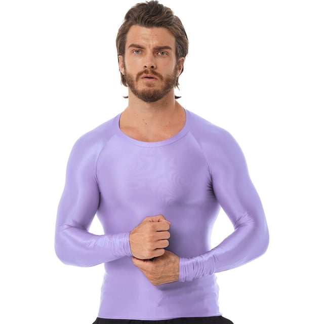 Jhaoyu Men's Glossy Long Sleeve Compression Shirts Athletic Workout Sports Rash Guard Undershirt Lavender M