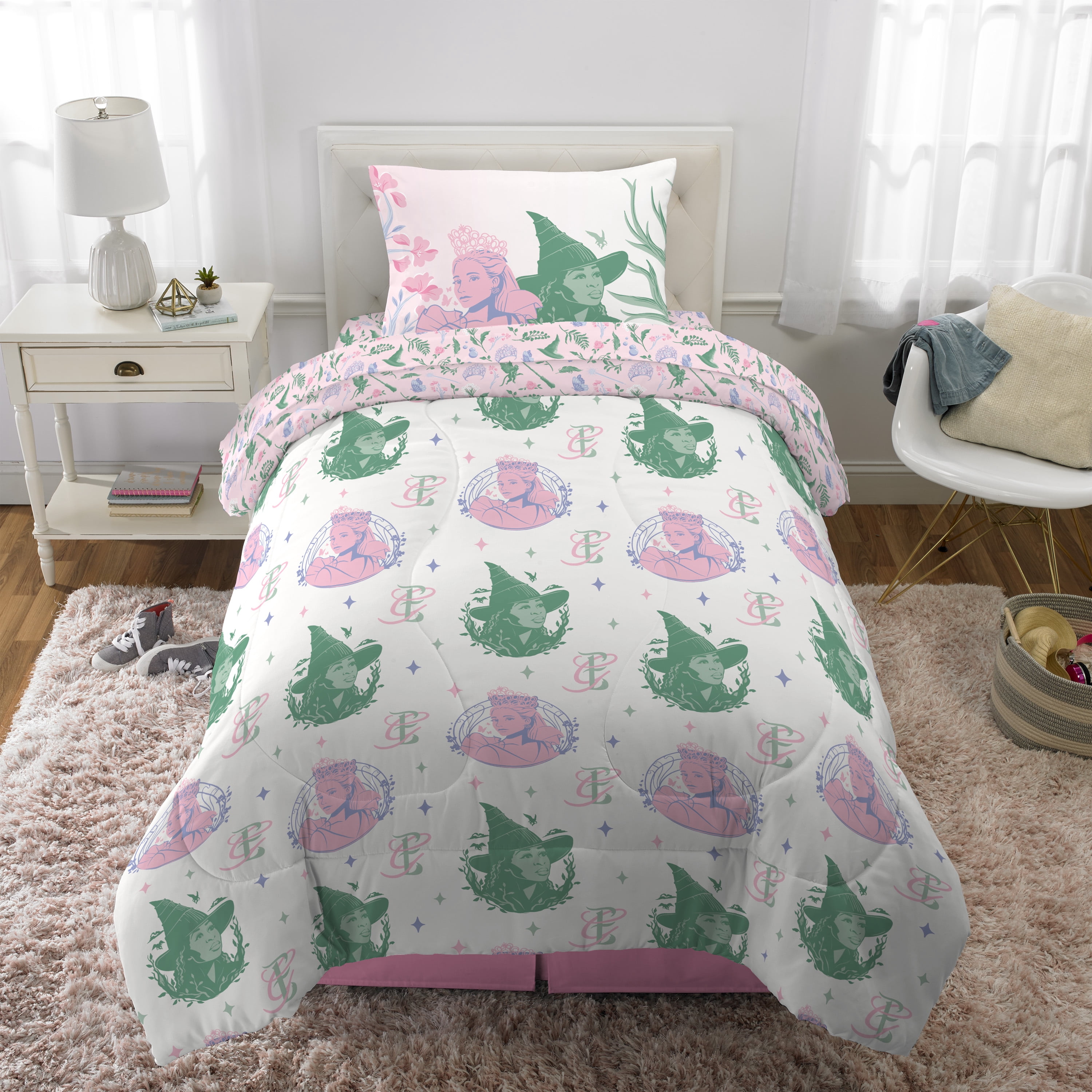 Wicked Kids Pink and Green 6 Piece Reversible Comforter, Bed in a Bag, Twin