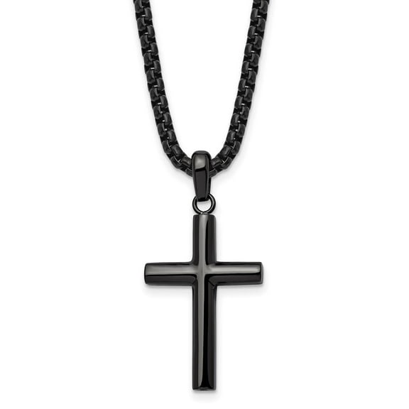 Auriga Fine Jewelry Stainless Steel Polished Gun Metal IP-plated Cross Pendant on a Box Chain Necklace for Men's 24"