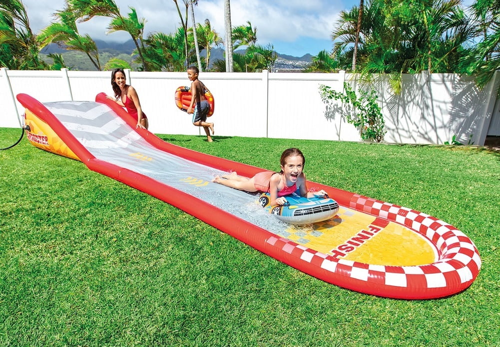 Intex 18.5 Foot Long Inflatable Racing Fun Water Slide Track with 2 Surf Car Riders for Ages 6 and up