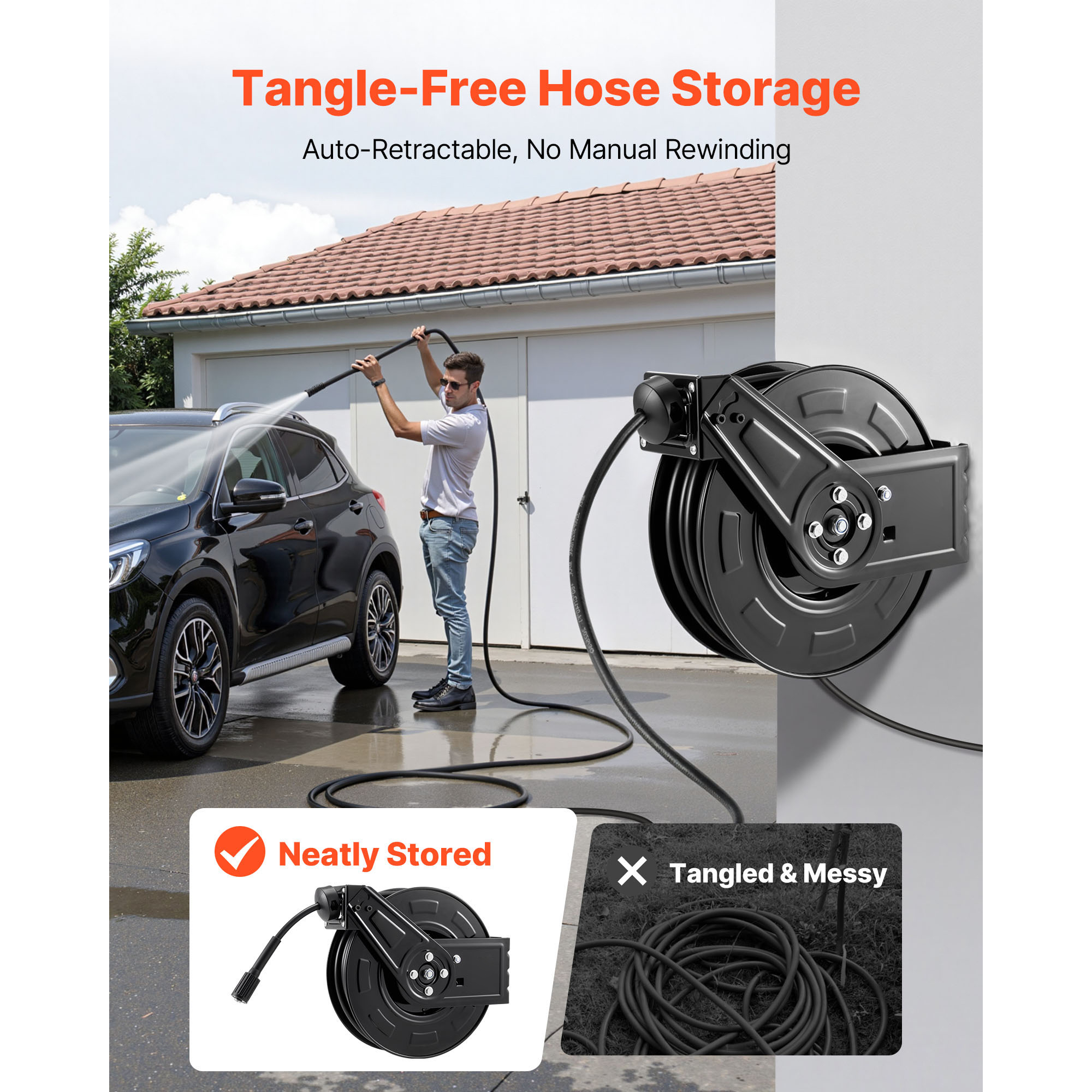 KFFKFF Pressure Washer Hose Reel, 60 ft x 1/4 inch Retractable Steel Reel for Power Washing, 4000 PSI Max, Auto-Rewind, Wall or Floor Mount for Vehicle, Garden, and Surface Cleaning
