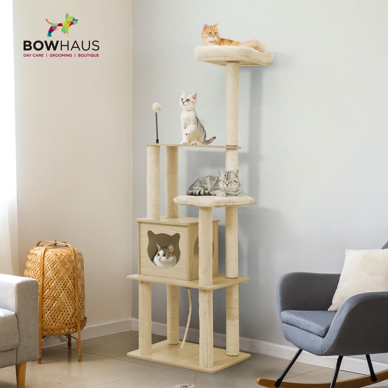 CAPHAUS 65-inch Multi-level Cat Tree with Cat Cave Condo & Top Perch, Tall Wooden Cat Tower for Indoor Cats with Scratching Posts, Detachable Cushion, Interactive Balls, Top Perch