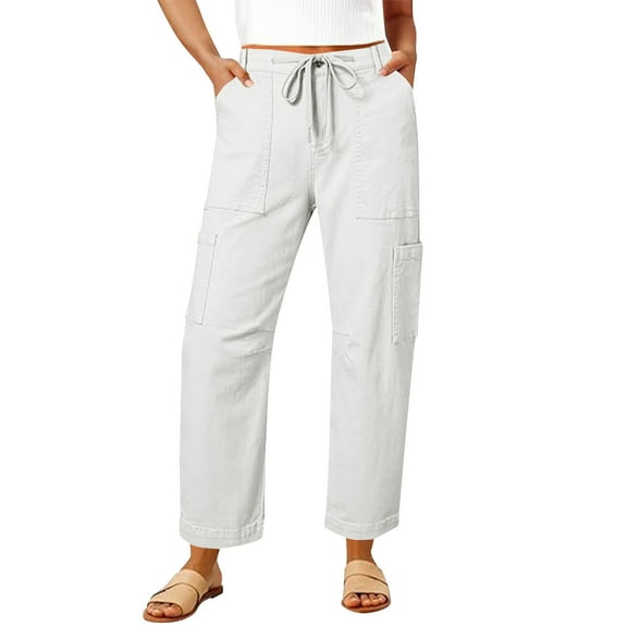 HongQid Twill Cargo Pants for Women Casual High Waisted Straight Wide Leg Pants Loose Cargo Pants with Pockets