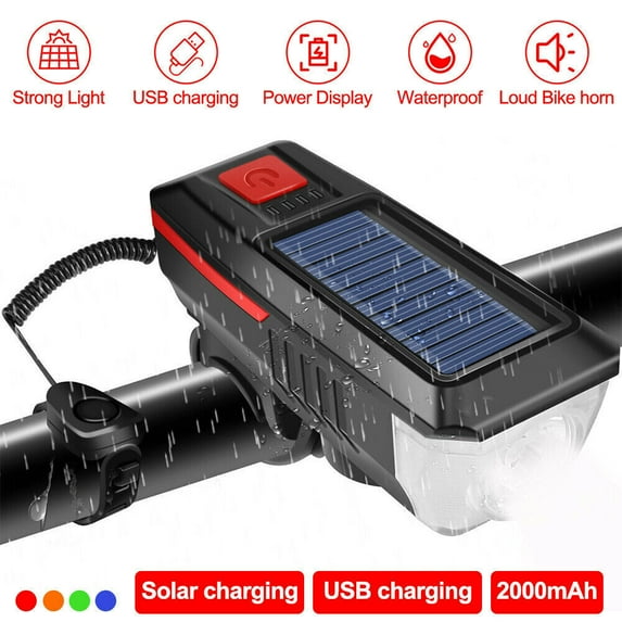 Solar Powered Light USB Rechargeable LED Bicycle Headlight Bike Front Lamp+Horn