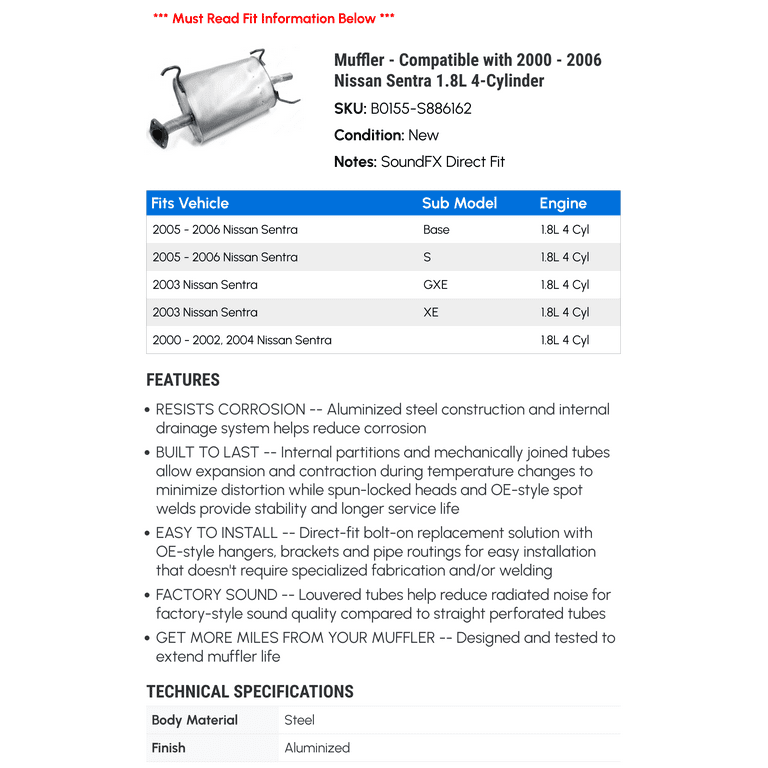 Muffler - Compatible with 2000 - 2006 Nissan Sentra 1.8L 4 Muffler - Compatible with 2000 - 2006 Nissan Sentra 1.8L 4
