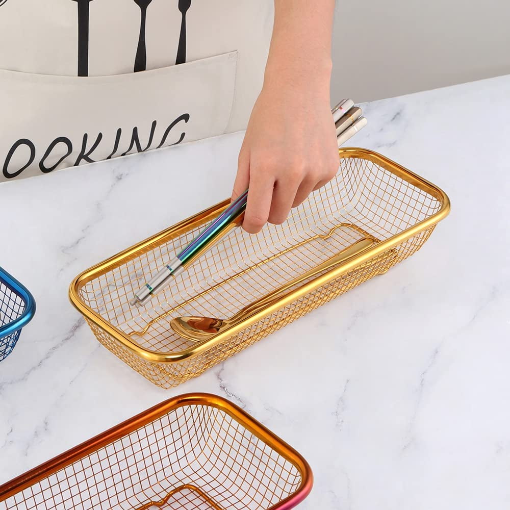 Kitchen Drawer Organizer, Stainless Steel Storage Container Metal Cabinet Storage Basket for Holding Silverware Kitchen Utensil, Pack of 2, Orange