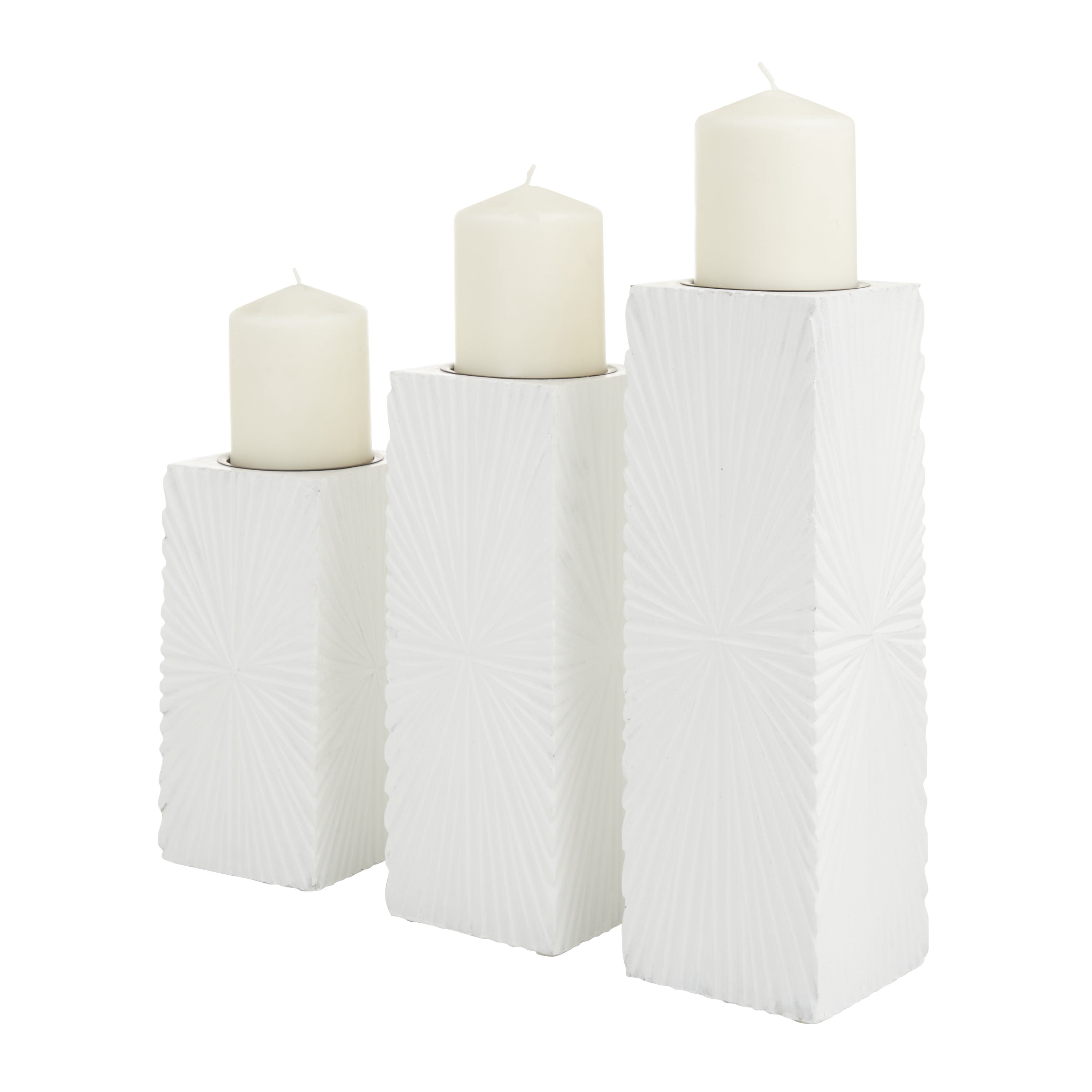 CosmoLiving by Cosmopolitan 3 Candle White Wood Geometric Carved Pillar Candle Holder, Set of 3