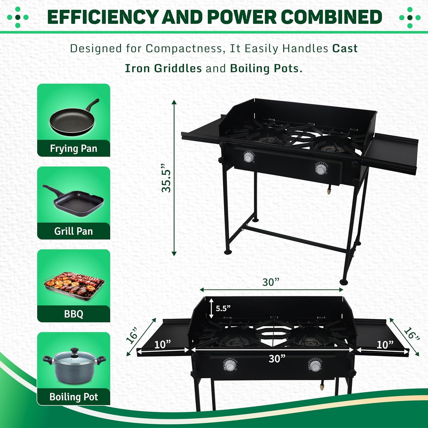 SONRET - Double Burner Propane Outdoor Gas Stove - with Dual Side Shelf & Wind Panel