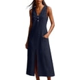 thumbnail image 4 of QUNYINEY Cotton Linen Sundresses for Women Long Blue Sleeveless Summer Tank Dress with Slit Pockets Loose Fit Casual V Neck Dresses, 4 of 8