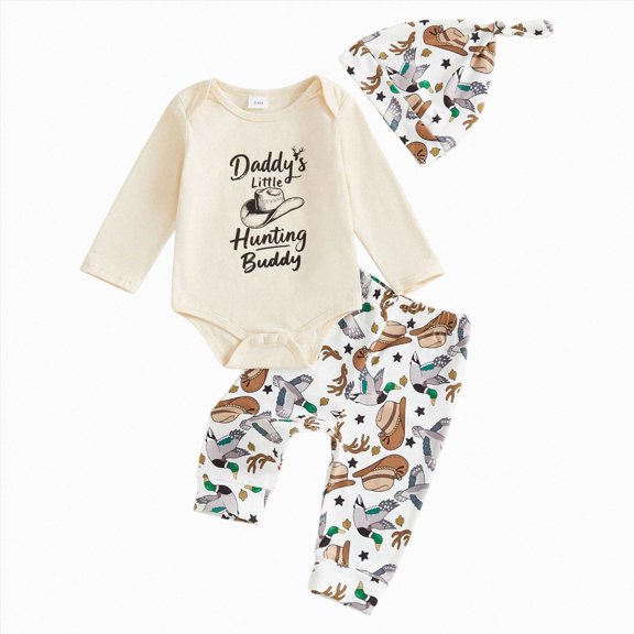HFHAPW Newborn Baby Boy Clothes Letter Printed Long Sleeve Romper Shirt Tops Pants Fall Winter Outfit Hat Set 0 3 6 9 12 18 24 Months(Beige,0-3 M)