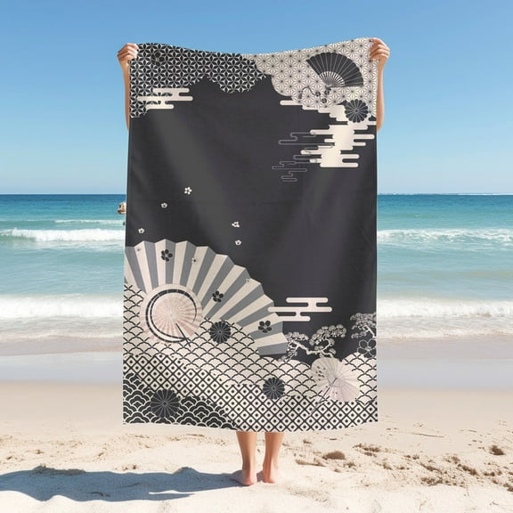 Japanese Style Beach Blanket ,Sea Of Clouds And Folding Fan Pattern,Quick Drying Thick Soft Sand Proof Swimming Bath Travel Picnic Towel