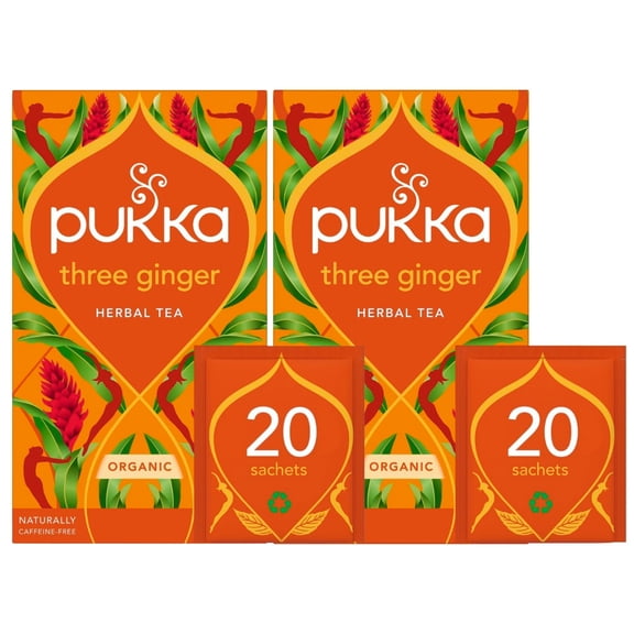 Pukka Three Ginger Herbal Tea Bags, Organic, Naturally Caffeine-Free, 20 Count Each, Pack of 2, Total 40 Tea Bags