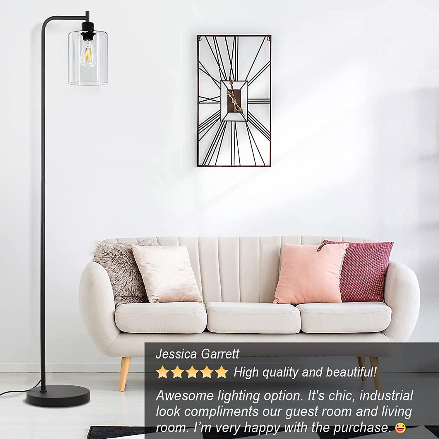 Industrial Floor Lamp Modern Standing Lamps with Hanging Clear Glass Shade Classic Reading Tall Pole Light for Living Room Bedroom Office Study Room Farmhouse Black