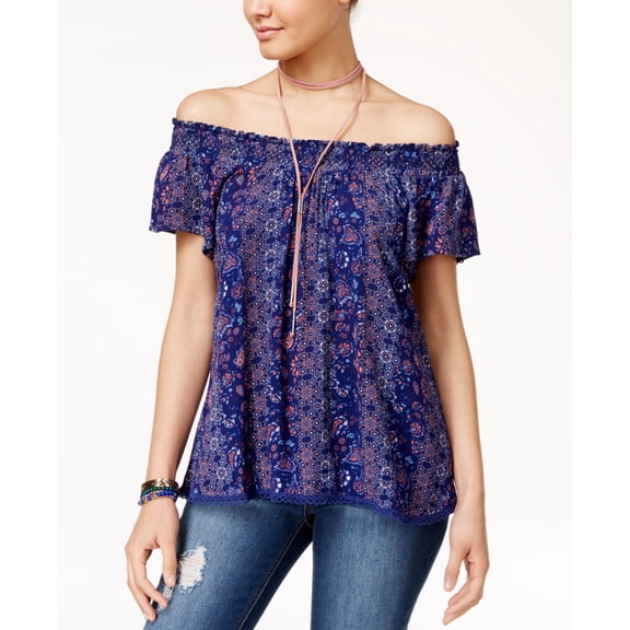 Self E Juniors Crochet Trim Off The Shoulder Peasant Top Dusty Cedar L