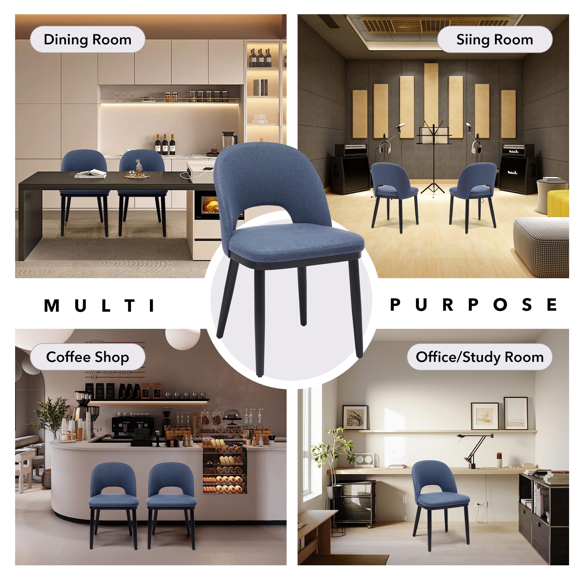 Memoryfield Dining Chairs Set of 2, Modern  Upholstered Kitchen Side Chairs with Curved Backrest, Blue