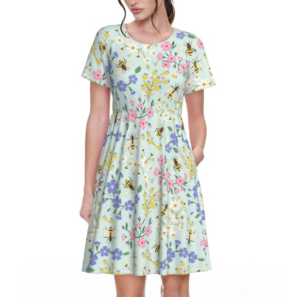 Balery Honey Bees And Flowers Vestidos sueltos de manga corta para mujer, vestidos de verano 2025, vestidos casuales de corte A con vuelo.