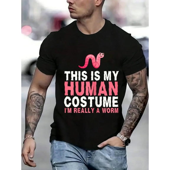 100 Cotton Graphic Tees This Is My Human Costume I'Really A Worm Halloween Costume T-Shirt Crew Neck Short Sleeve T-Shirt, Casual Print Graphic Cotton Tees Men Tops