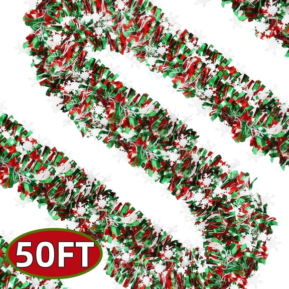 Christmas Tinsel Garland Decoration Green Red Tinse Hanging Garland with Snowflake for Christmas Day Xman Holiday Day Party Decor 50FT