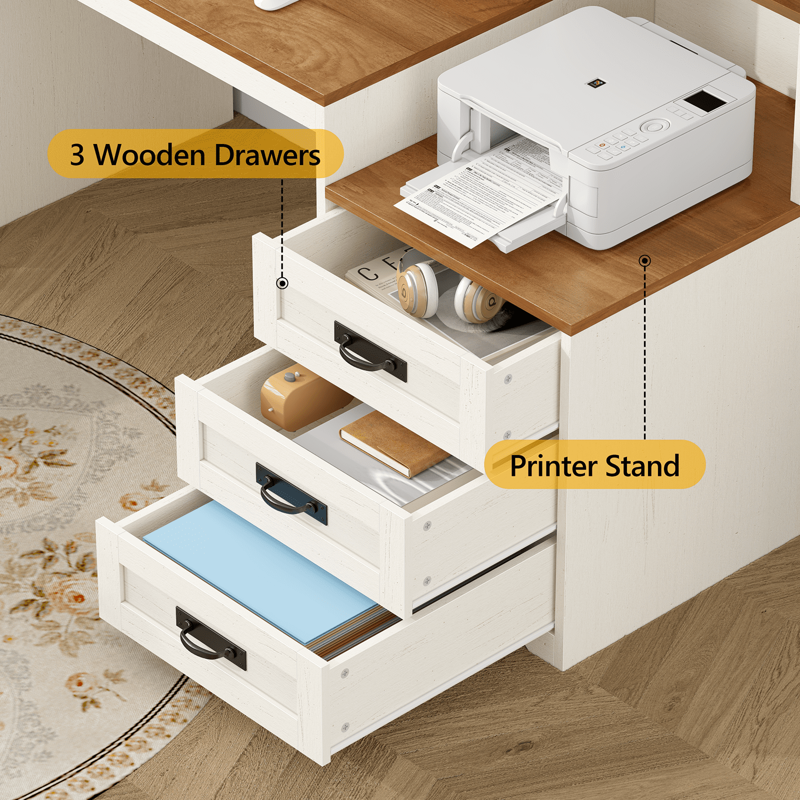 Farmhouse Computer Desk with Drawers, 65'' Home Office Desk with Power Outlets, Storage Cabinet and Printer Stand, Study Writing Desks with Long Monitor Stand, Brown and White
