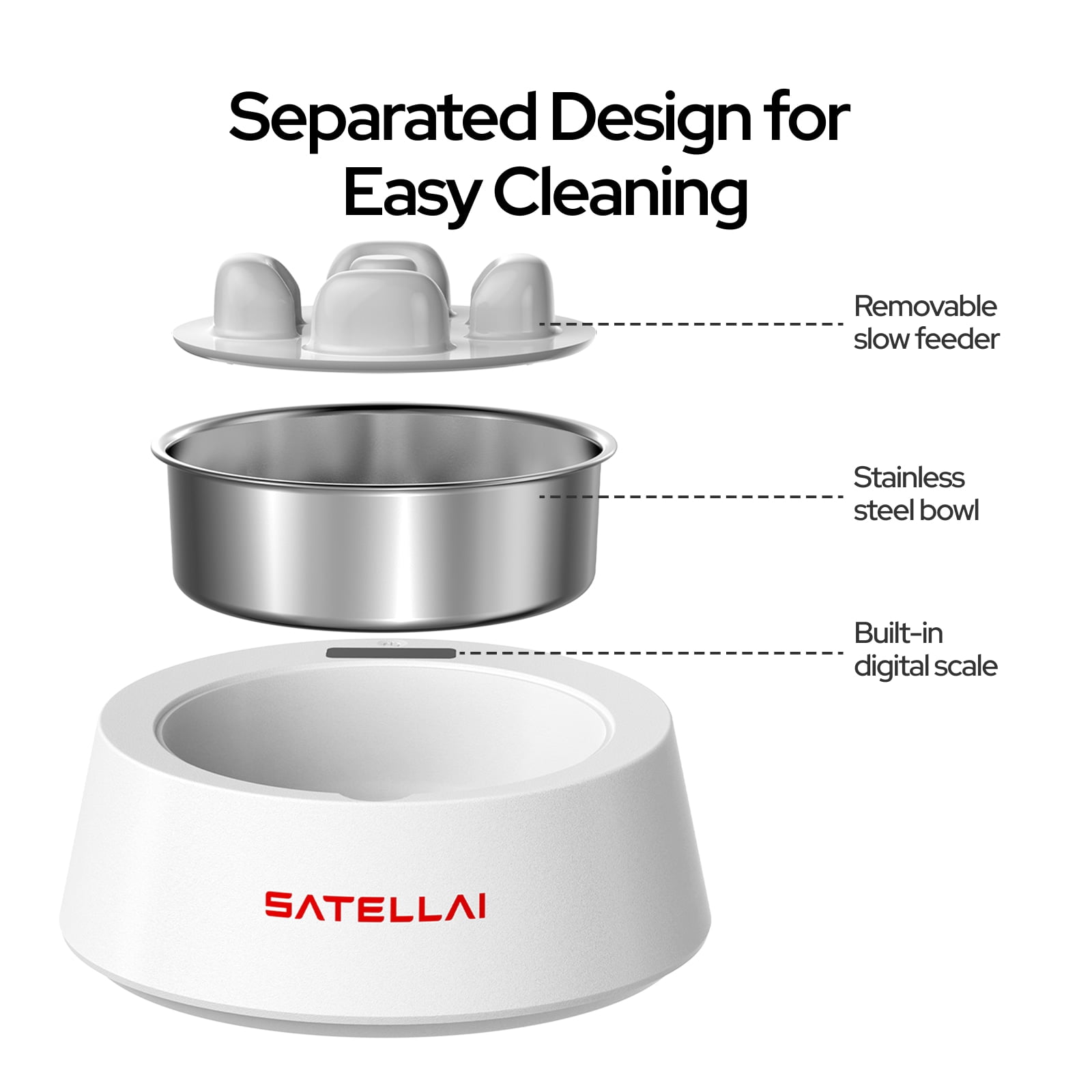 SATELLAI Smart Dog Bowl with Weight & Slow-Feed Function, Accurate Digital Scale, Removable Slow Feeder Insert, Dishwasher Safe, Ideal for Small to Medium Dogs
