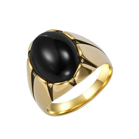 PAURO Men's Stainless Steel Vintage Tiger Eye Oval Egg Simple Personality Ring Gold Black Stone Size 8