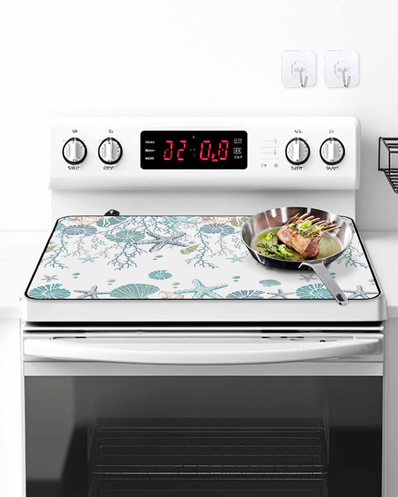 Stove Top Covers for Electric Stove, Ocean Coastal Glass Stovetop Cover Protector, Nautical Starfish Conch Seashells Coral Induction Cooktop Protector Oven Mat for Kitchen Countertop 24"x21"