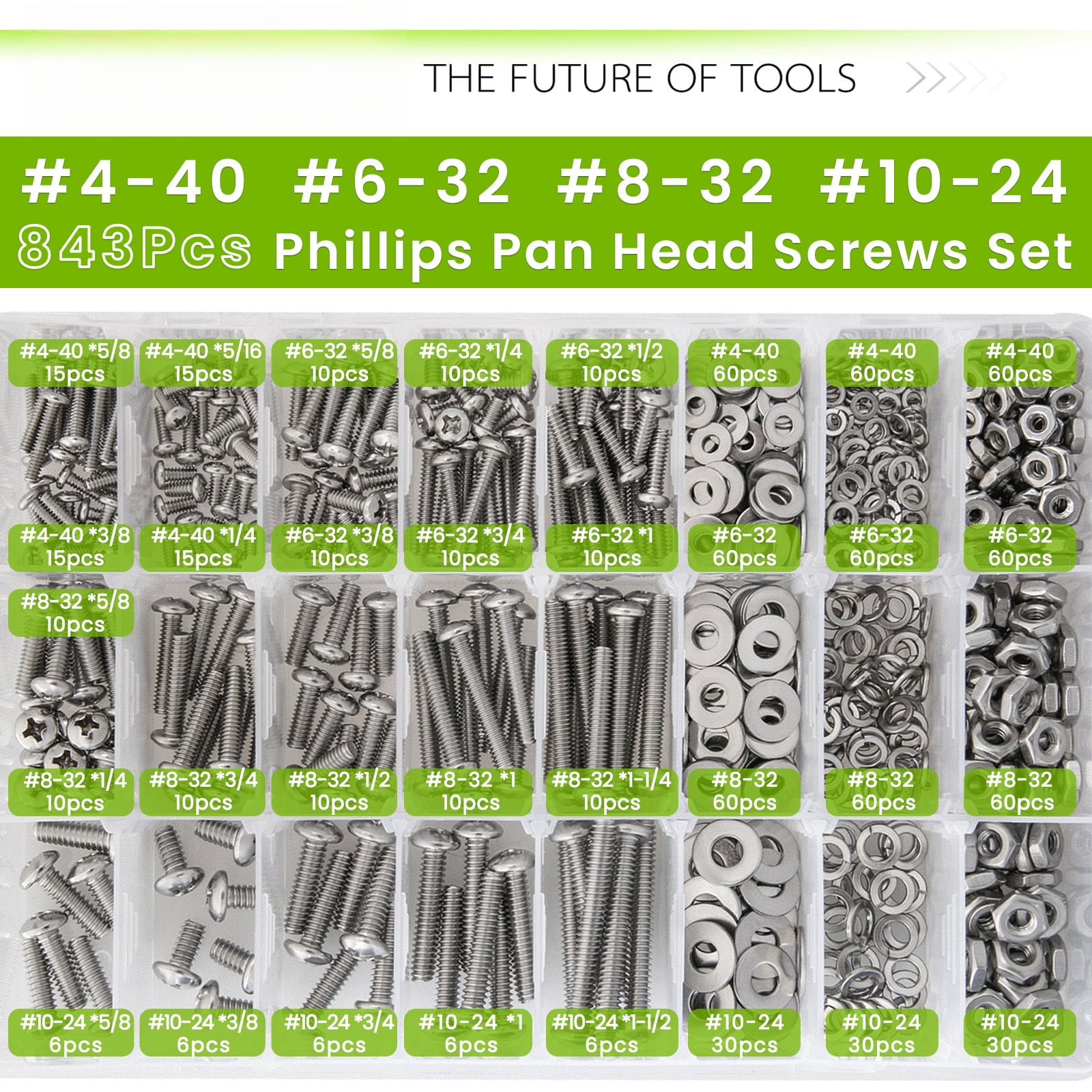 843Pcs #4-40#6-32#8-32#10-24 Nuts and Bolts Assortment Kit