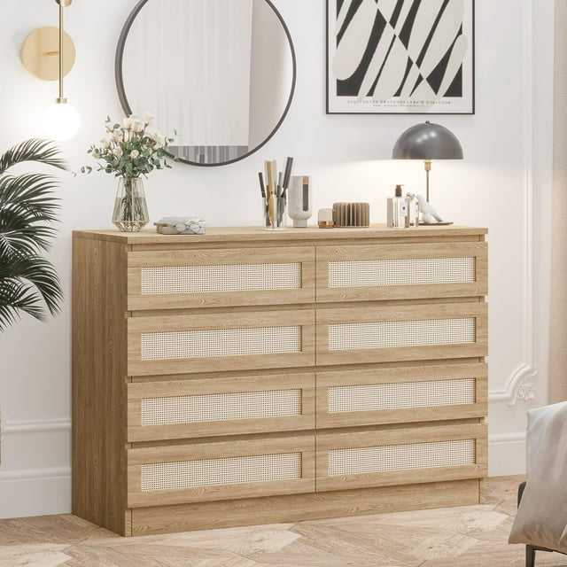 QinaQin Commode à 8 Tiroirs en Rotin de 47 Pouces, Commode Moderne Style Ferme et Meuble Télé pour Chambre