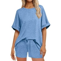 Jalioing Women's 2 Piece Outfits Loose Short Sleeve Shirts and Drastring Shorts Set Summer Vacation Lounge Set