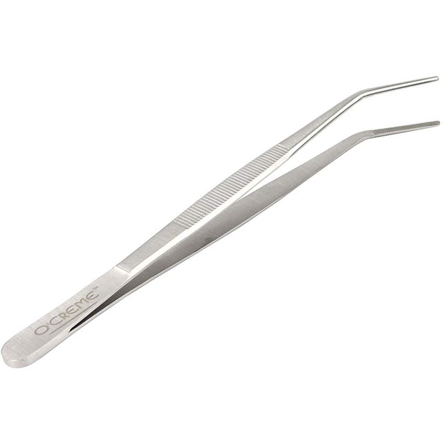 O'Creme Stainless Steel Precision Kitchen Culinary 8 Inch Tweezer Tongs (8" Curved, Silver)