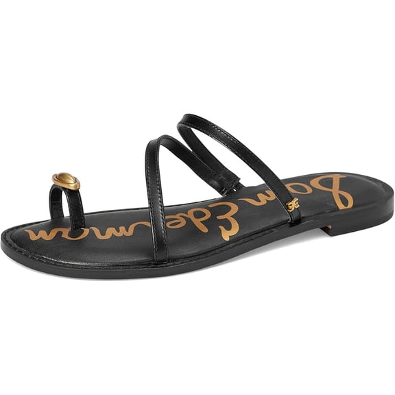 Sam Edelman Harlyn Black Leather Strappy Toe Ring Slip On Flat Slides Sandals