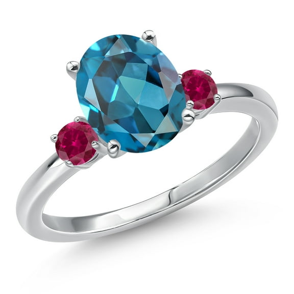 Gem Stone King 14K White Gold London Blue Topaz and Red Created Ruby Engagement Ring for Women | 3.28 Cttw | Oval 10X8MM | Gemstone November Birthstone | Size 5