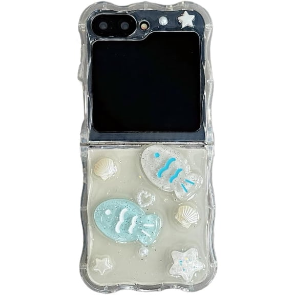Shiny Glitter Case for Samsung Galaxy Z Flip 6 (2024),Cute Beautiful Sea Shell Fish Pattern Design Phone Protective Cover with Pearl Wrist Chain for Girls Women (No Chain)