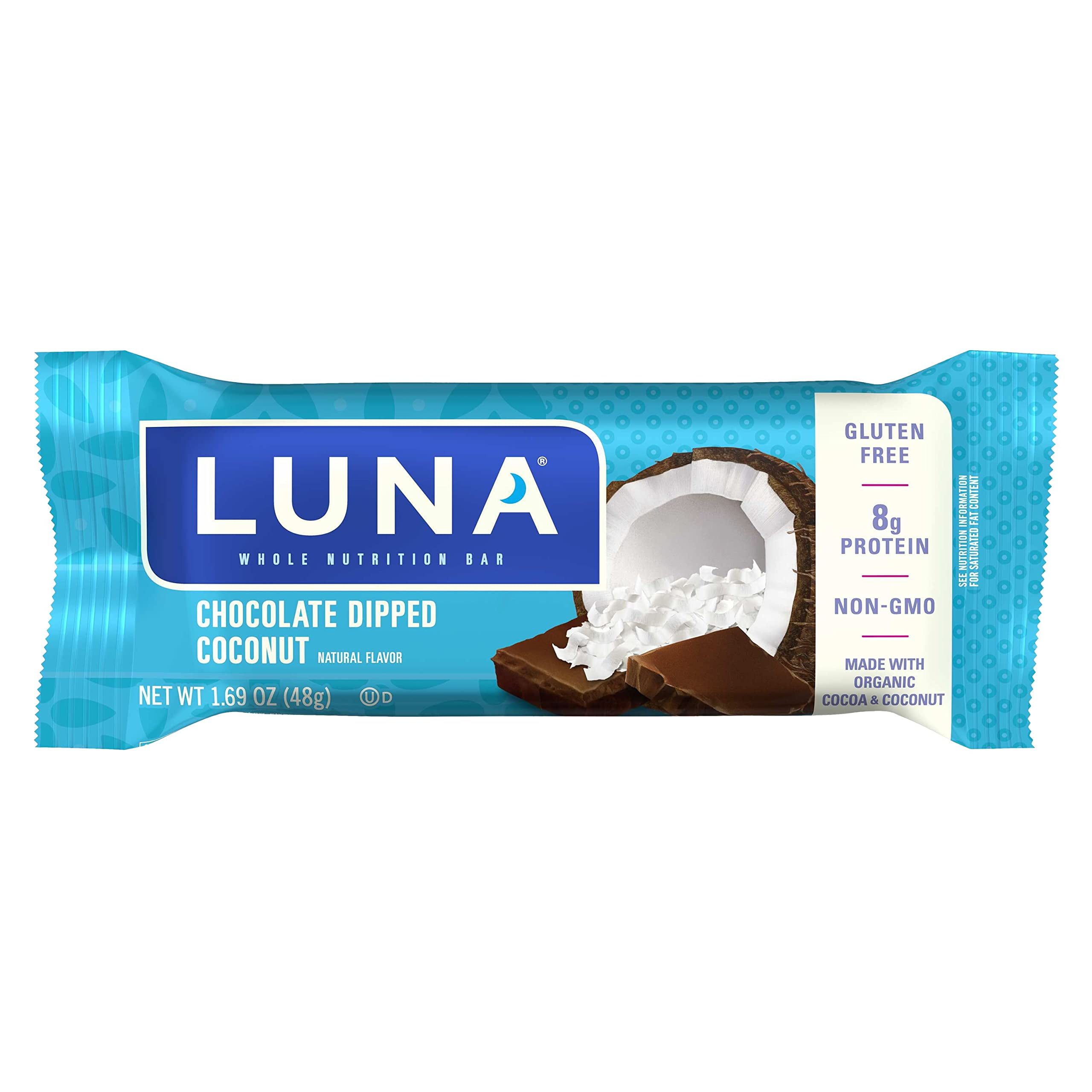 LUNA BAR - Gluten VTF5&nbsp;Free Snack Bars - Chocolate Dipped Coconut Flavor -8g of protein - Non-GMO - Plant-Based Wholesome Snacking - On the Go Snacks (1.69 Ounce Snack Bars, 6 Count)