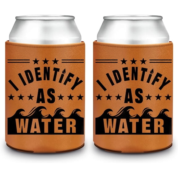 I Identify as Water Can Cooler Sleeve 2PCS Thicken Leather Universal Can Cooler Insulated 16 OZ Father's Day Christmas Anniversaries Birthday Funny Gifts for Men Dad Grandpa Sienna
