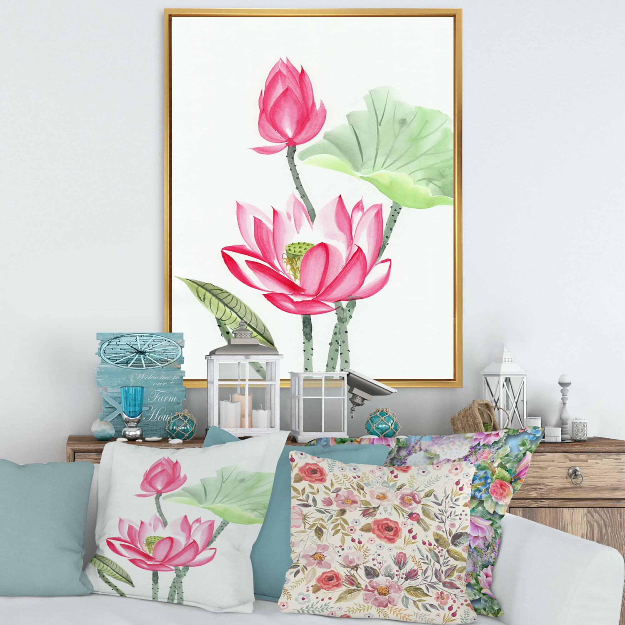 Designart 'Ancient Pink Lotus Flower' Traditional Framed Canvas Wall Art Print