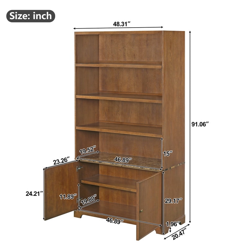 91" Tall Storage Cabinet with Faux Marble Tabletop, Freestanding Bookcase with Fluted Doors, Wooden Display Bookshelf Office Hutch
