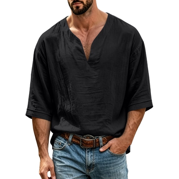 Mens Beach Shirts Linen 3/4 Sleeve Notch V-Neck Lightweight Breathable Summer Hawaiian Tops Fathers Gift
