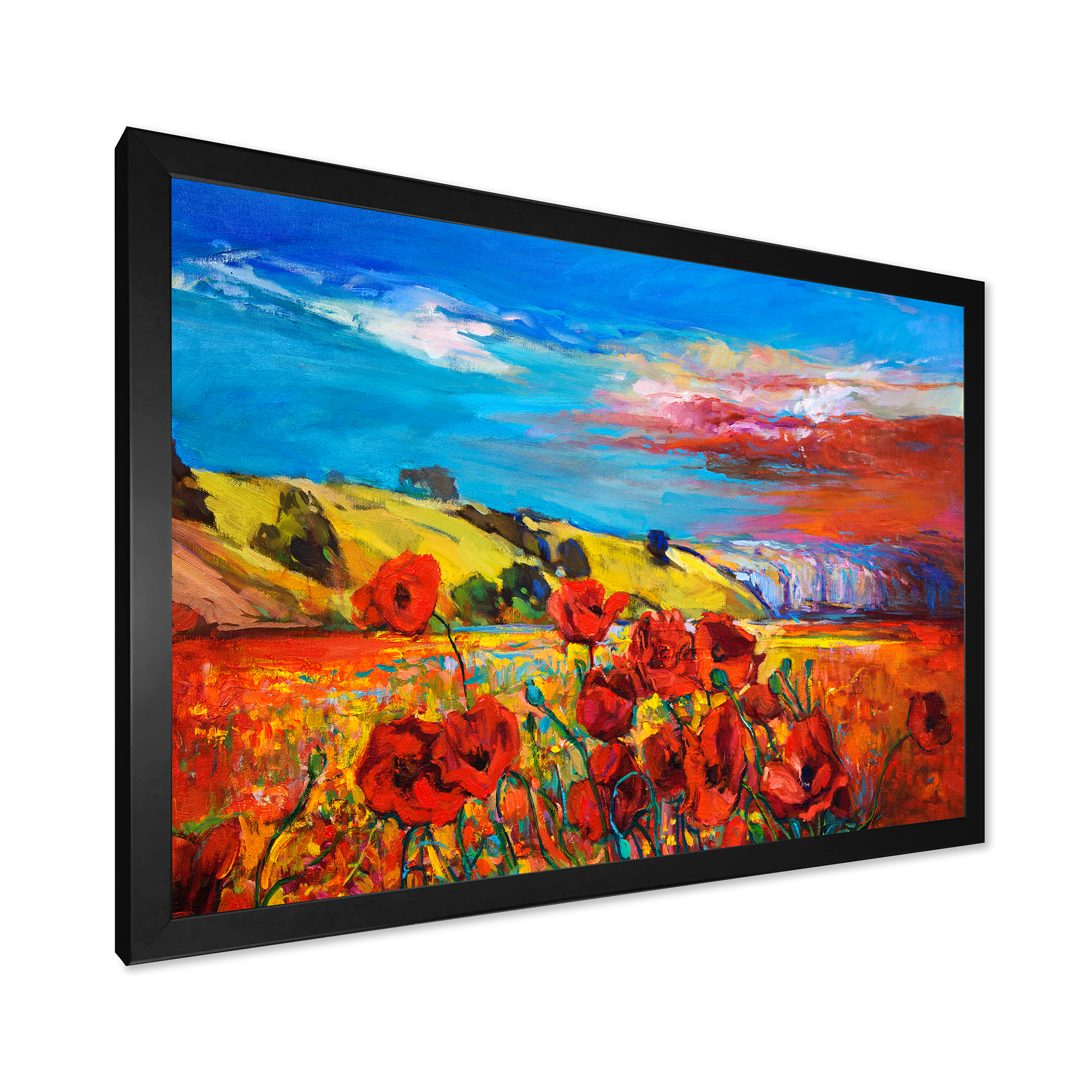 Designart 'Blossomg Red Poppies Under A Blue Sky' Traditional Framed Art Print