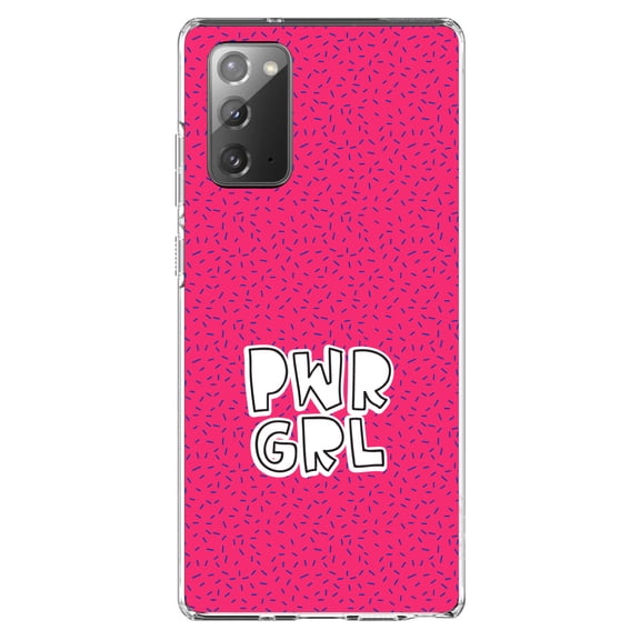 DistinctInk Clear Shockproof Hybrid Case for Samsung Galaxy Note 20 (6.7" Screen) - TPU Bumper, Acrylic Back, Tempered Glass Screen Protector - Girl Power - PWR GRL - Pink Background