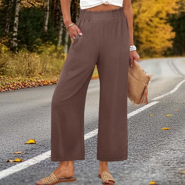 Pincandy Women's Summer Solid Color Loose Straight Leg Pants with Pockets & Ruffle Details, High Waist Elastic Waistband, Seaside & Daily Wear