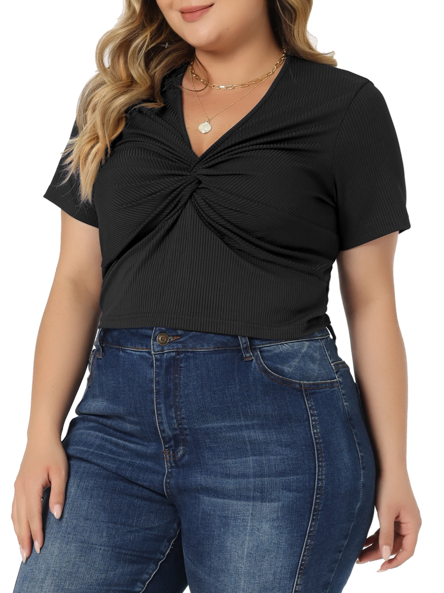 Women's Plus Size Twist Front V Neck Ribbed Short Sleeve Casual Solid Blouses Black 4X