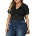 thumbnail image 4 of Women's Plus Size Twist Front V Neck Ribbed Short Sleeve Casual Solid Blouses Black 2X, 4 of 6