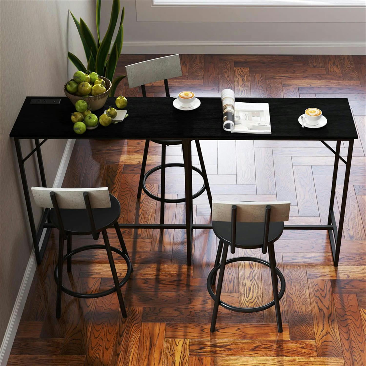 Demi Bonn 70"dustrial Bar Tables with Charging Station, Steel Rectangular Bar Height Pub Table for 4 to 6 People for Dining Room, Home Office, Black