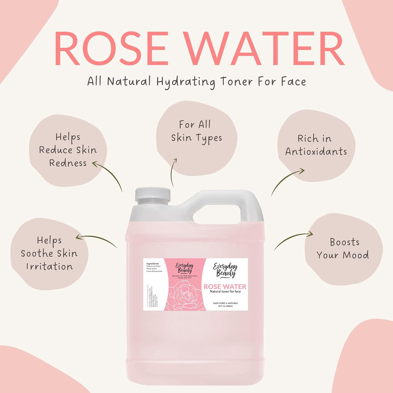 Rose Water Facial Toner - Alcohol-Free Vegan All Natural Refreshing for Face and Hair - Uplifts, Calming & Soothing for All Skin Types - 32oz