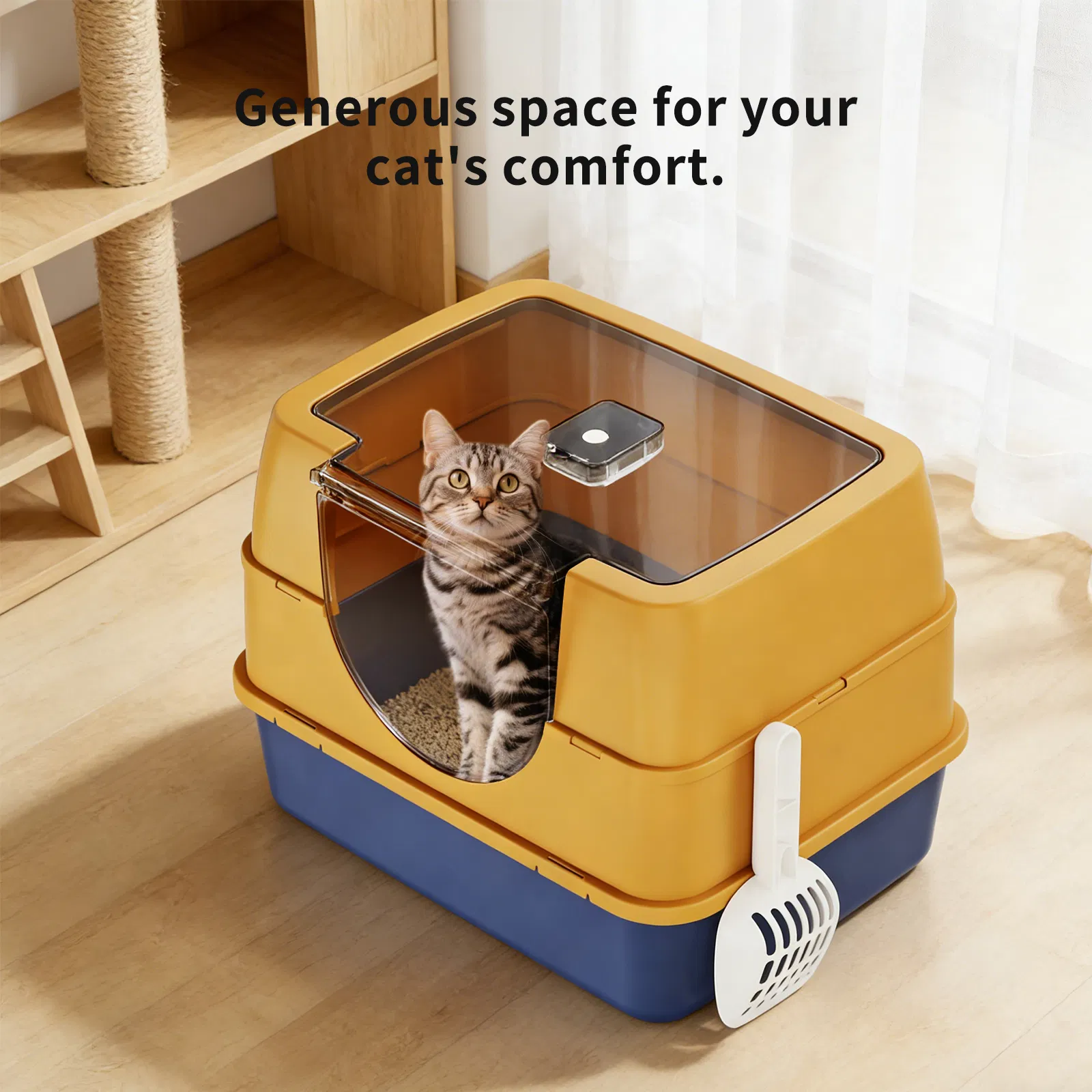 Orange Fully Enclosed Cat Litter Box, Odor-Locking Spacious Toilet with Flip-Top Lid for Large Cats